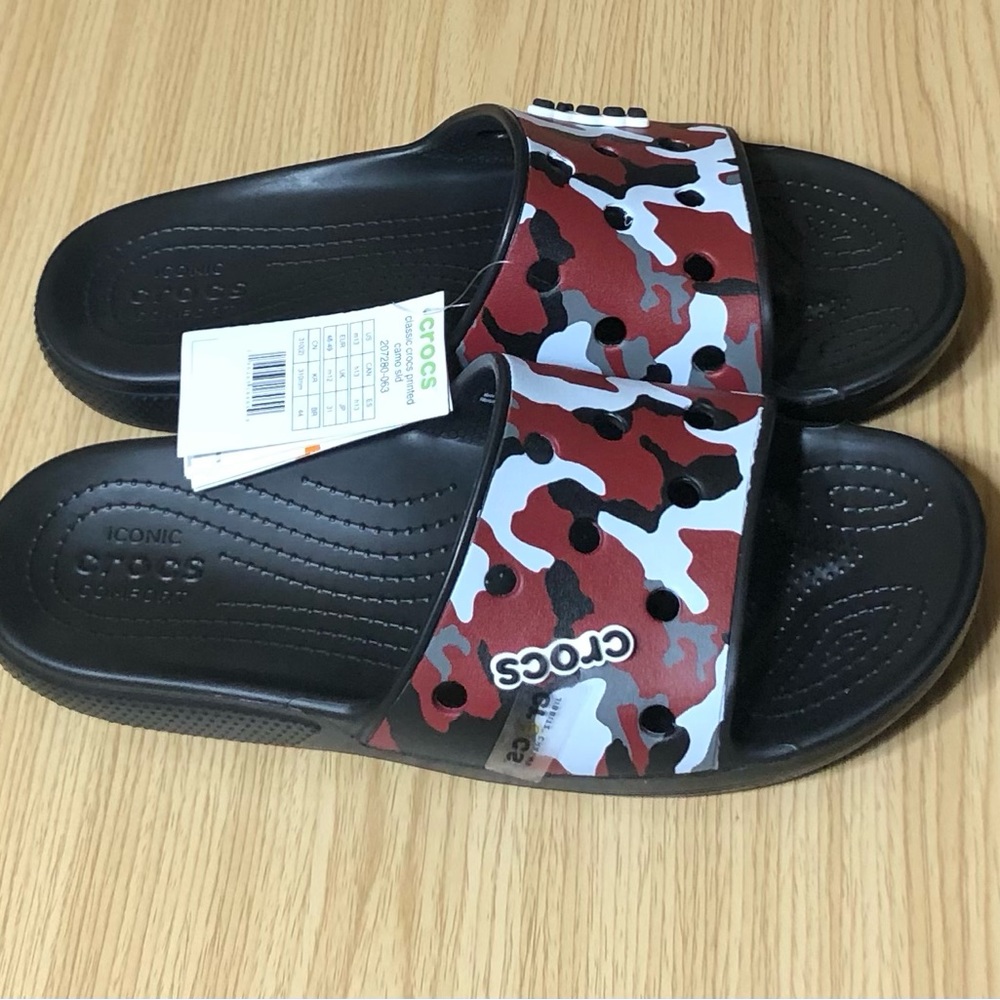 Crocs Comfort Slides Black Camo Print Slip On Water Resistant NWT Mens Size 13.